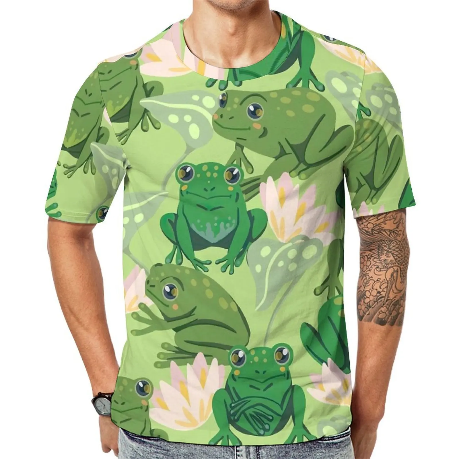 Cute Frog Lotus T-Shirt Pink Flowers Harajuku T Shirts Short Sleeve Pattern Tshirt Hot Original Streetwear Oversized Top Tees
