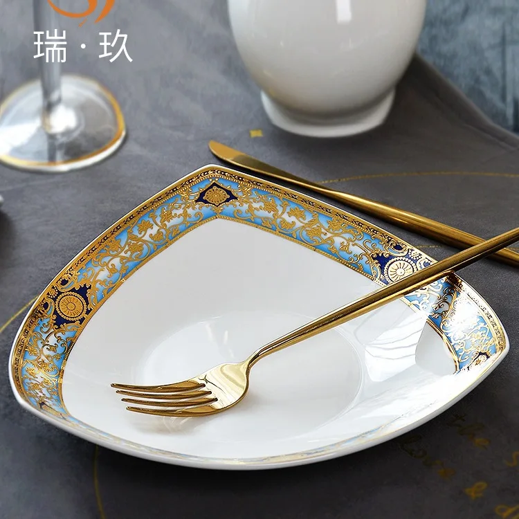 

HYS triangular plate, household light luxury bone china relief tableware, plate, special-shaped plate, deep vegetable plate