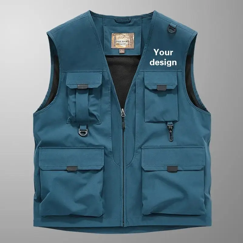 Outdoor Multi Pocket Quick Drying Fishing Vest Men Personalized Print Logo Hike Photography Waterproof Vest Oversize Sleeveless