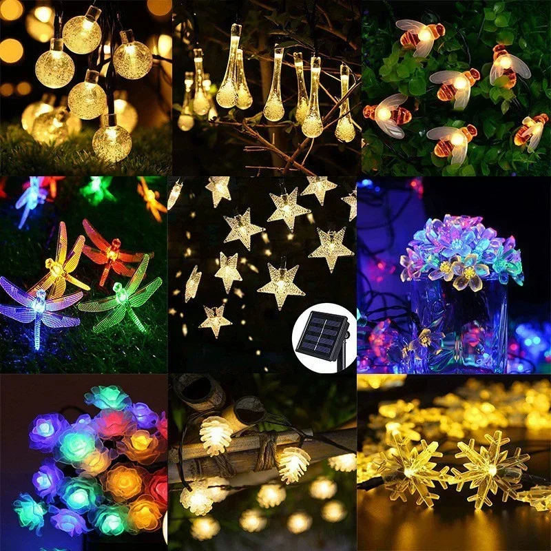 8 모드 태양 빛 크리스탈 공 벚꽃 5M/7M/12M LED 문자열 조명 요정 Garlands 크리스마스 웨딩 야외 장식
