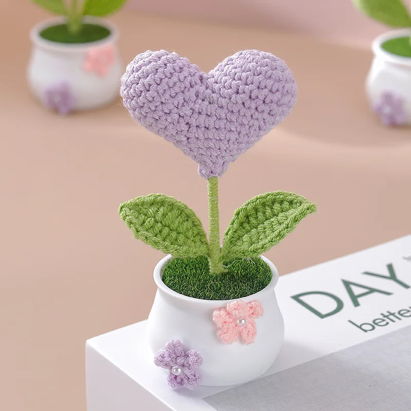 اليدوية الكروشيه شكل قلب بوعاء النباتات المحشوة الانتهاء المنسوجة باقة ديكور المنزل سطح المكتب هدايا عيد الميلاد التخرج