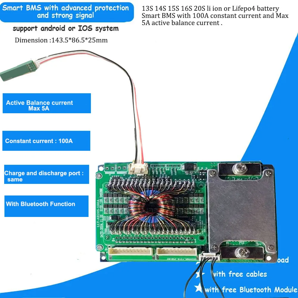 13S 14S 16S 20S li ion or lifepo4 smart Bluetooth bms with active balance function 5A for 48V 60V 72V Li ion or lifepo4 battery