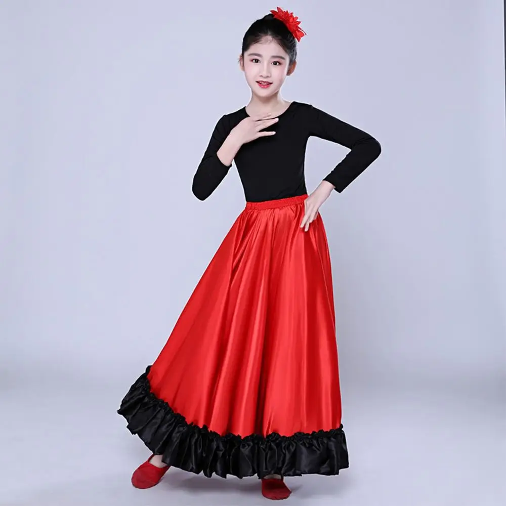 Gładka Dziecięca Spódnica Hiszpańska Paso Doble Poliester Impreza Flamenco Taniec Spódnica z Dużym Rozkloszowaniem Sukienka Karnawałowa Kostium do Tańca Latynoamerykańskiego