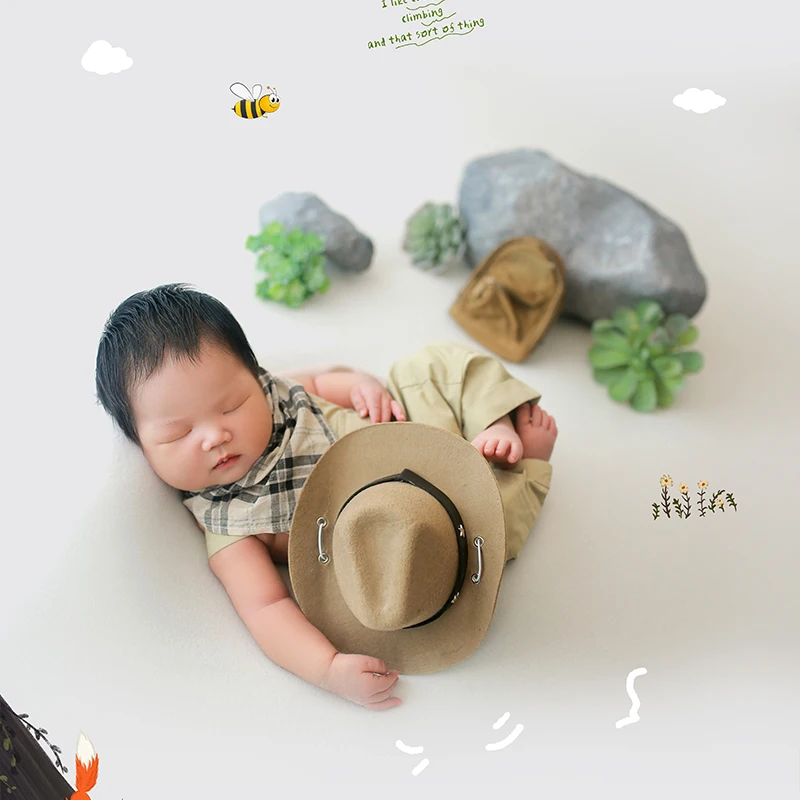 Pakaian fotografi baru lahir, setelan tema penjelajah, topi batu teleskop segar Dekorasi menembak, overall bayi lucu, topi koboi