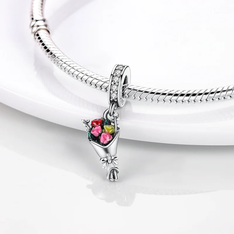 Original 925 Sterling Silver Charm Bead Fit Bracelet DIY Women Wedding Gift Accessory Flower Bouquet Hummingbird Gardening Charm