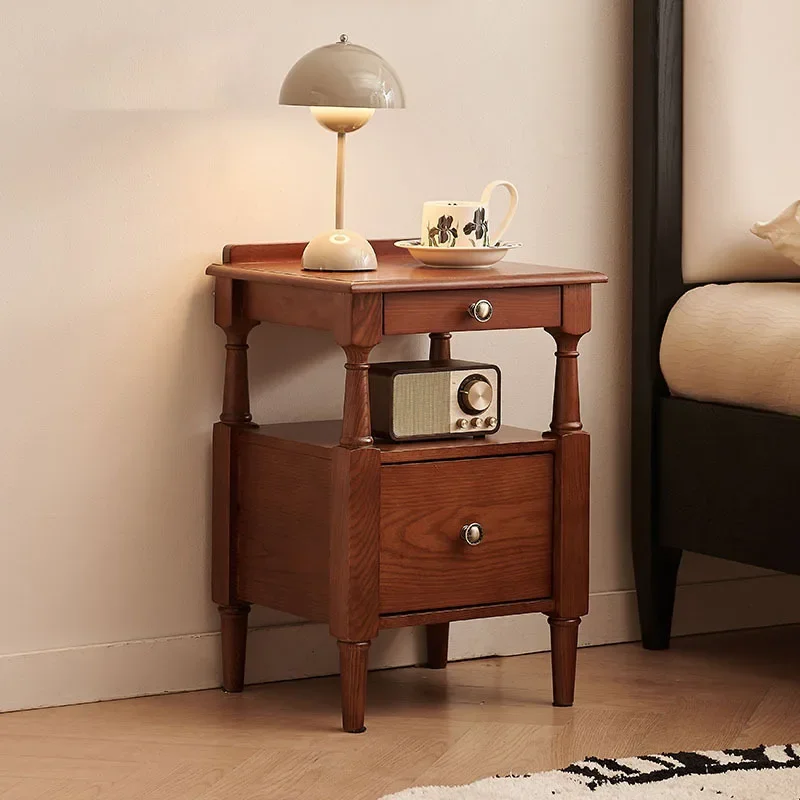 Small apartment bedside table, French vintage solid wood, extremely narrow double drawer, bedside storage cabinet