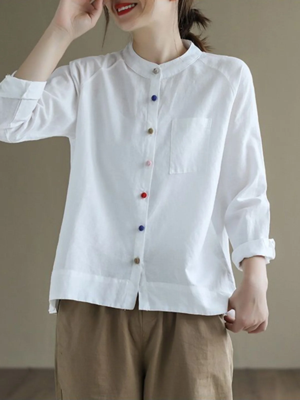 

High-End Japanese Sle Cotton Linen irt Women's Design Sensation Color Button irt Long Sve Linen Top