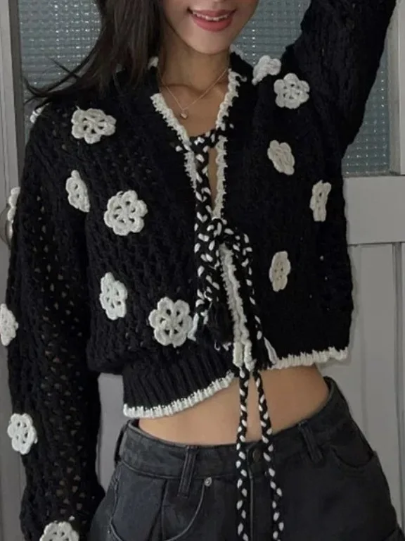 

Женский вязаный длинный свитер Све с поясом, ажурный 3D вязаный крючком дизайн, осенняя верхняя одежда, модная повседневная одежда