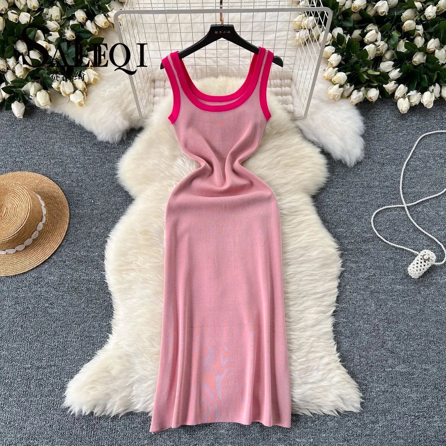 Commuter Simple Peplum Halter Dress Women's Summer Stretchy Tight Clashing Color Sleeveless Vest Dress Spice Girls Knit Dresses