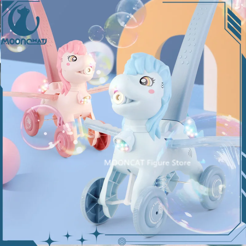 Pony Electric Bubble Machine Children Hand Push Cartoon Unicorn Bubble Car Music Lighting Soap Water Kid Summer Outdoor Toy Gift