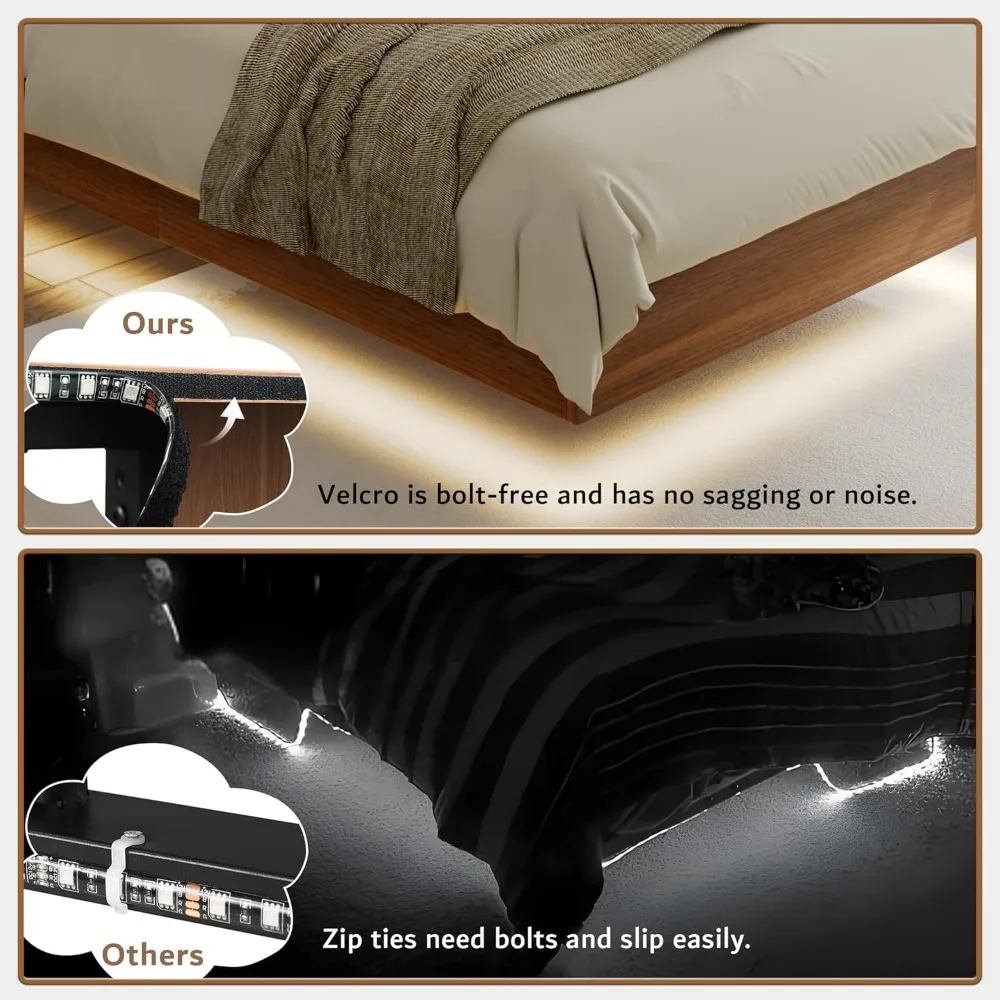 iPormis Floating Twin Metal Bed Frame with LED Lights & Charging Station, Platform Bed with Wooden Storage Headboard, Heavy Duty