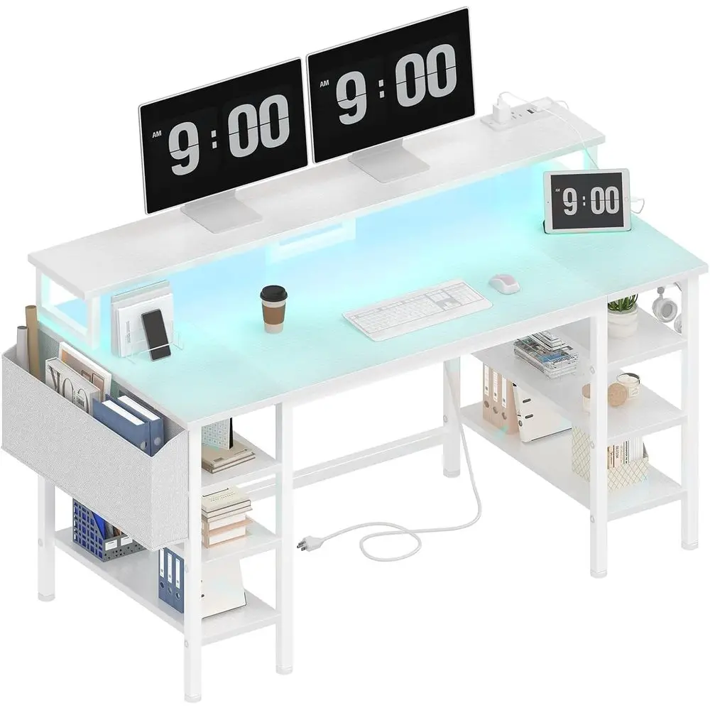 

White Desk with Storage Shelves - 47 inch Home Oice Gaming Desk with Monitor Stand, Computer Desk with LED Lights and Power Outl