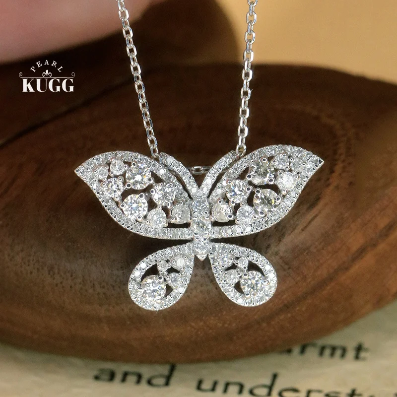 KUGG 100% 18K White Gold Necklace Women 0.88carat Real Natural Diamond Necklace Luxury Butterfly Shape High Wedding Jewelry