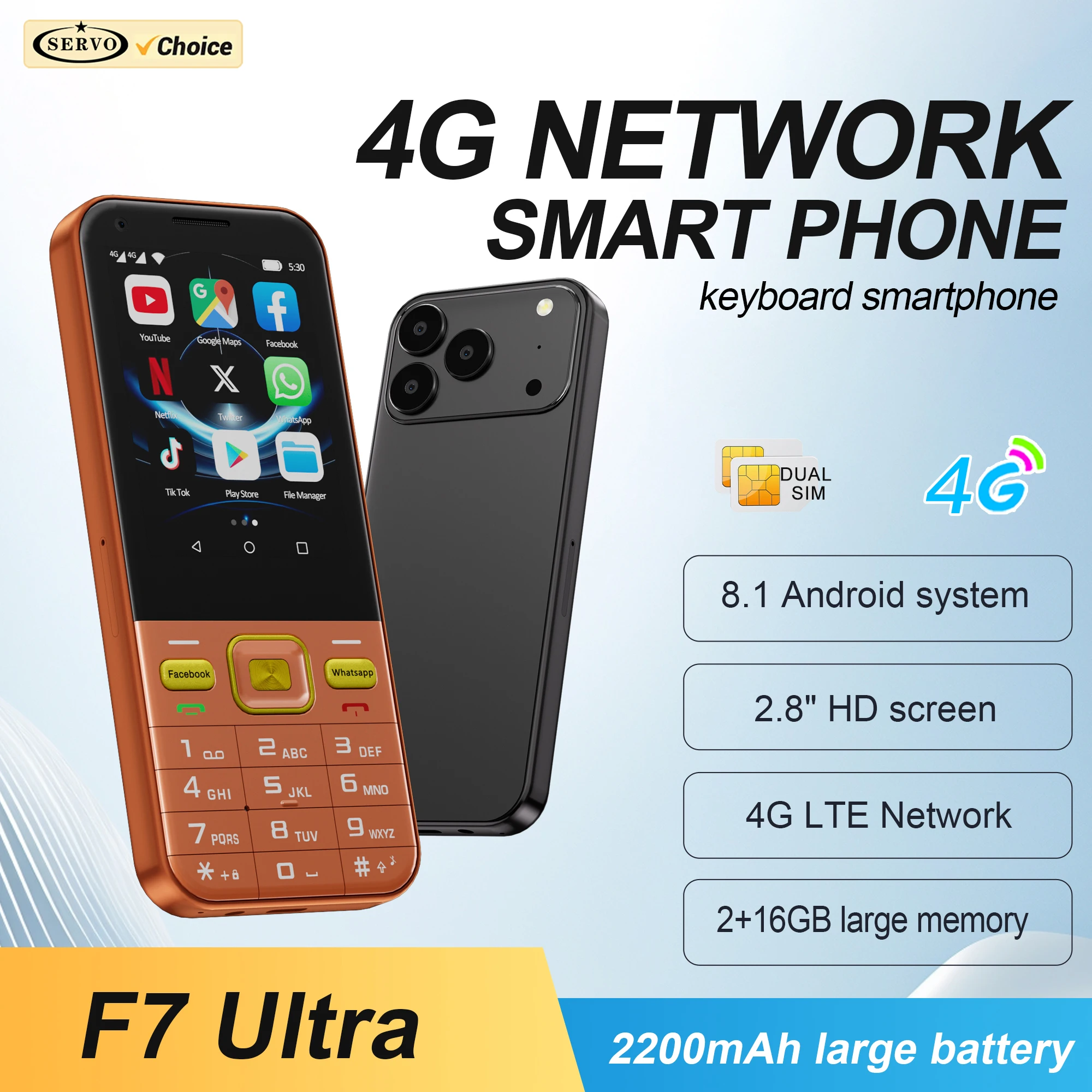 SERVO F7 Ultra Android Smartphone 4G LTE Dual SIM Card 2GB+16GB Facebook Play Store WiFi FM Radio 2.8