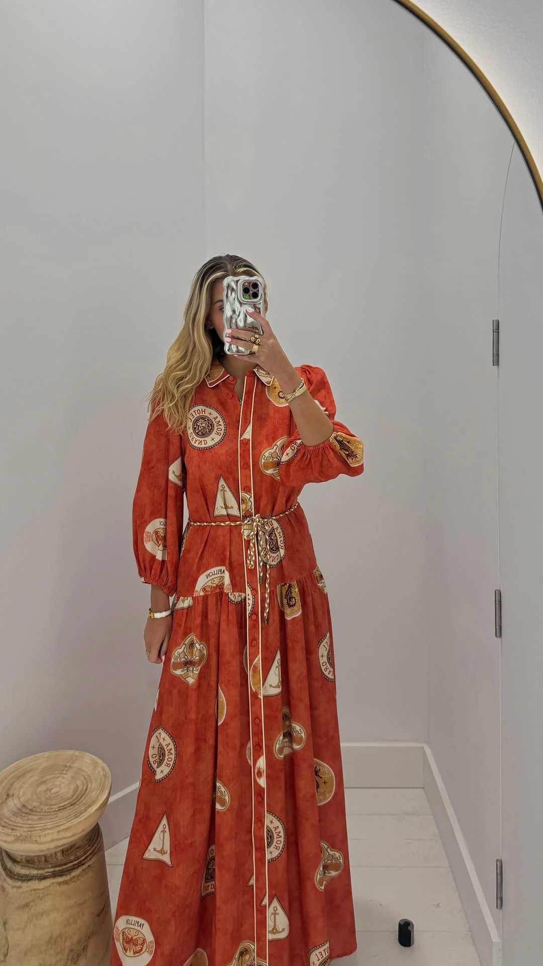 Women Retro Printed Shirt Robe Autumn Turn-down Collar Long Sleeve Single Breasted Casual Loose Maxi Dress