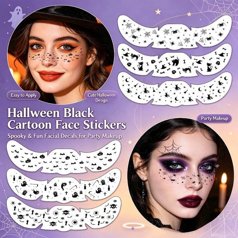 6PCS Dark Themed Halloween Face Decals Freckle Design Temporary Stickers Featuring Spider Witch Pumpkin Ghost Elements
