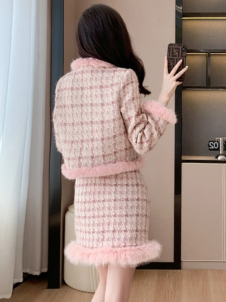 Moda elegante abito rosa donna 2023 autunno inverno cuciture addensate cappotto corto + gonna a trapezio dolce pendolarismo in due pezzi