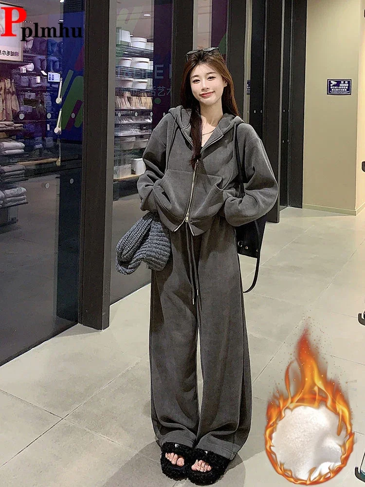 

Корейские женские комплекты из 2 предметов на вельветовой подкладке, широкие брюки с высокой талией на шнуровке, повседневные модные пальто с капюшоном, топы Conjunto