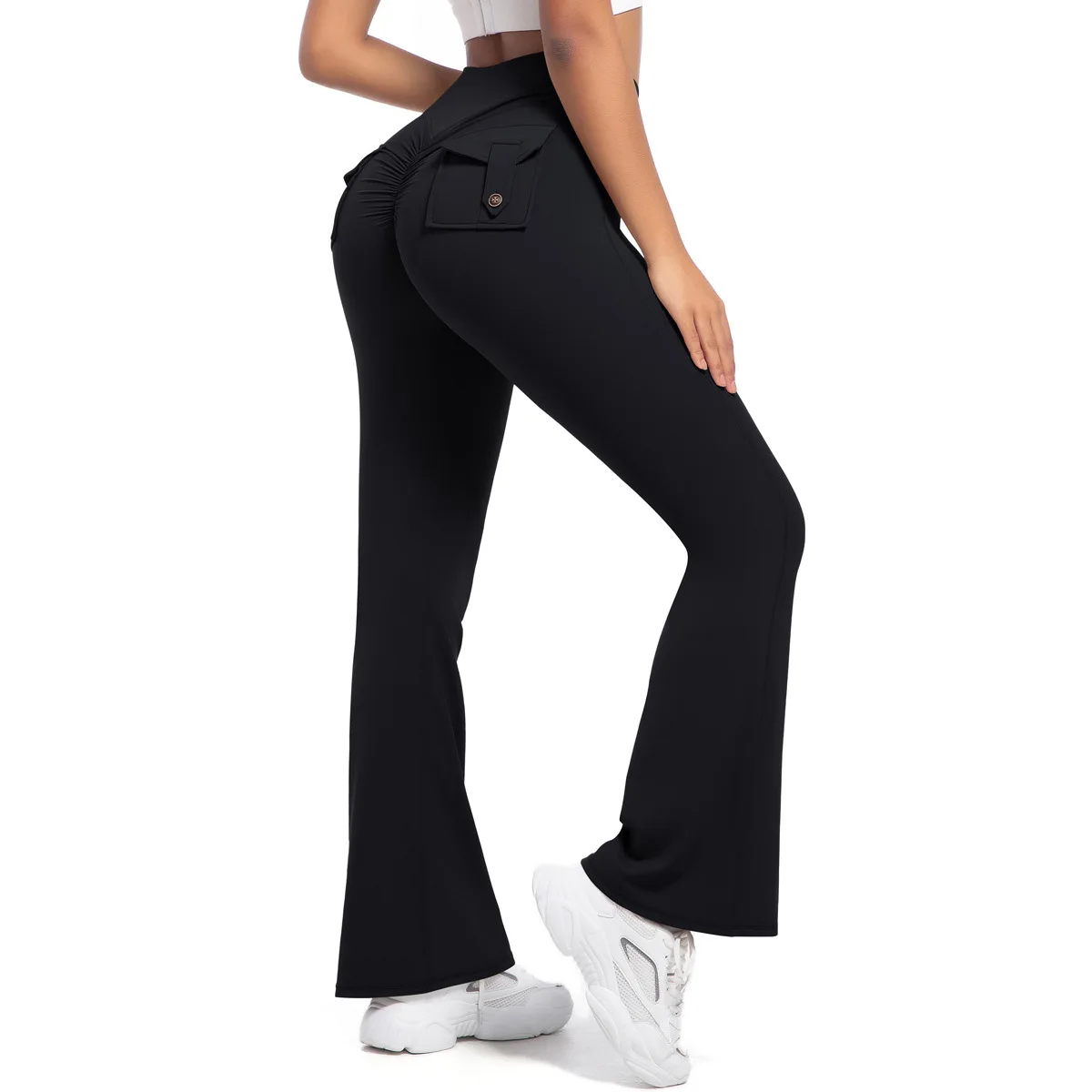 Tight fit wide leg high waist lifting pants, women's quick drying yoga pants, pocket micro flared slimming exercise pants