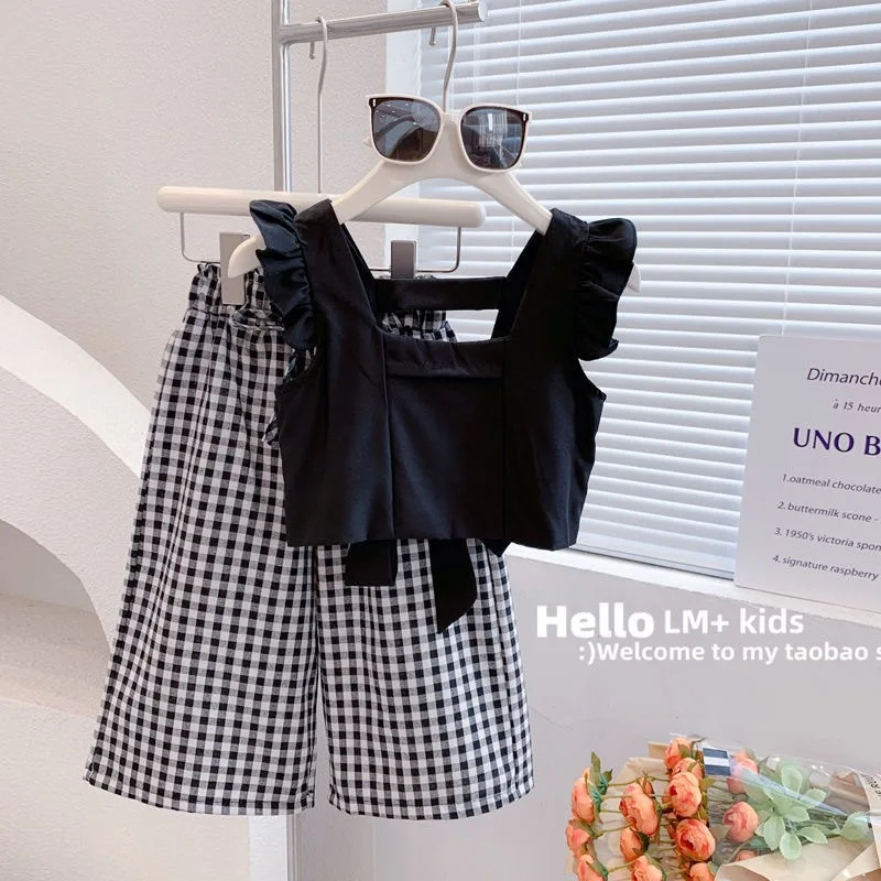 Girl's T-shirt Clothes Sets Summer New Suspenders Vest+Plaid Wide-Leg Pants 2Pcs Suit For 2 3 4 5 6 Years Kids Fashion Outfit