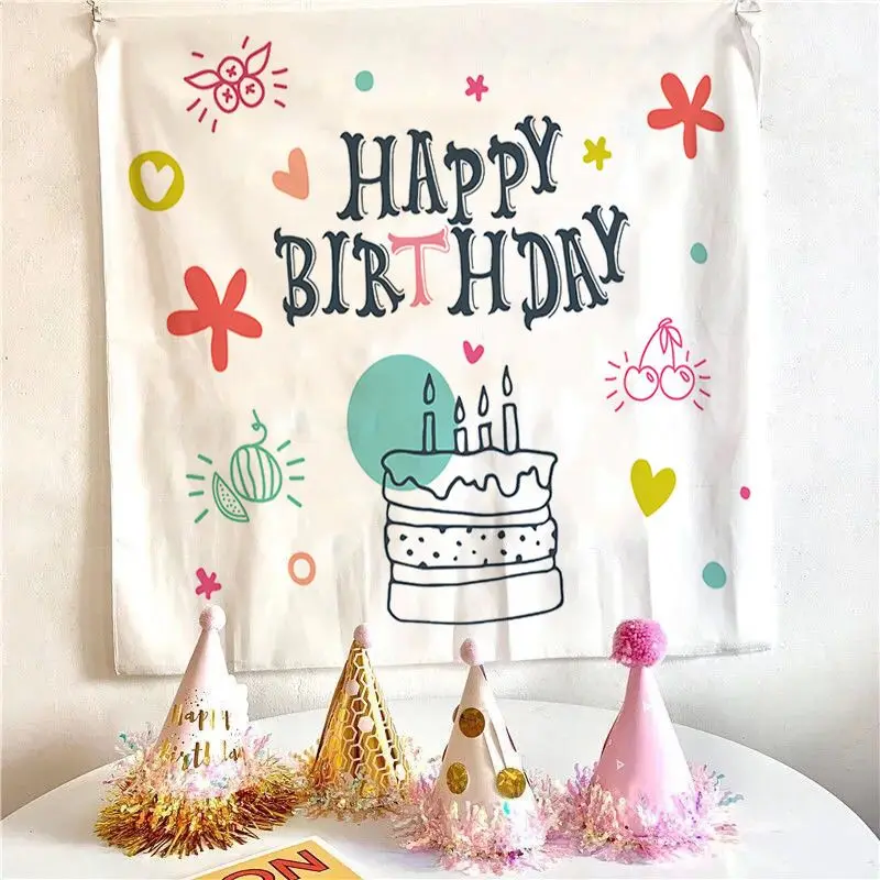 VIKAMA Three layer Cake Birthday Hanging Cloth Gift Happy Birthday Background Tapestry Wall Decoration Room Decoration