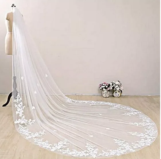 高級-1t-ホワイトレースブライダルベール、大聖堂ウェディングベール、レースベールボリー単層ベール、ウェディングドレス大聖堂ベール