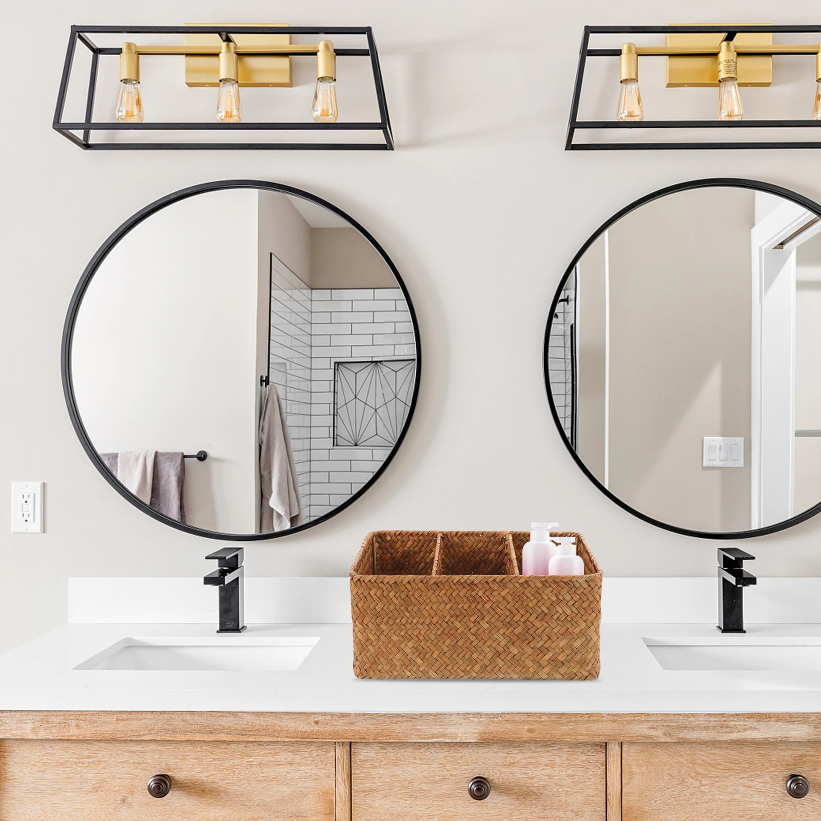 

3-Compartment Bathroom Storage Bin Organizer Basket With Dividers, Rustic Boho Style, Non-Deformation Craft Supply