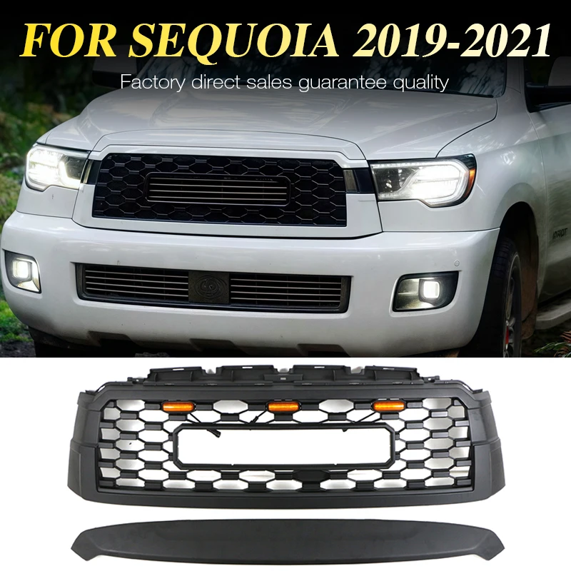 

Matte Black Front Grille With Light Fits For Toyota Sequoia 2019-2021 Racing Grill