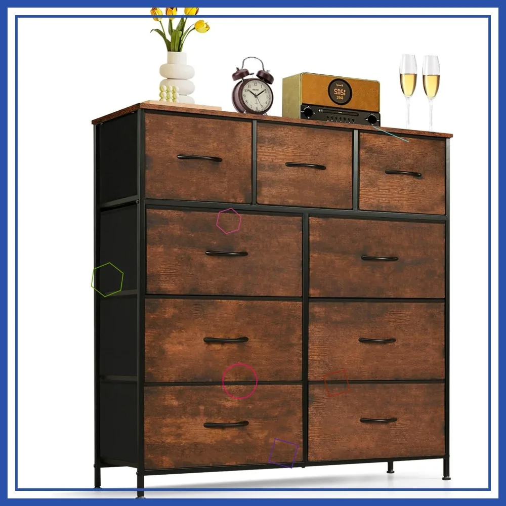 

Комод с 9 ящиками, деревянной столешницей, металлическим каркасом и тканевыми корзинами для хранения вещей в спальне и гостиной