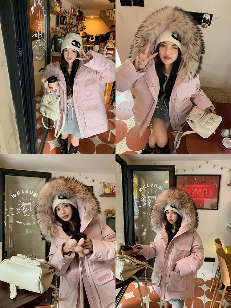 Icelandic goose down jacket with a large fur collar for women, mid-length fur coat, hooded goose down, young style