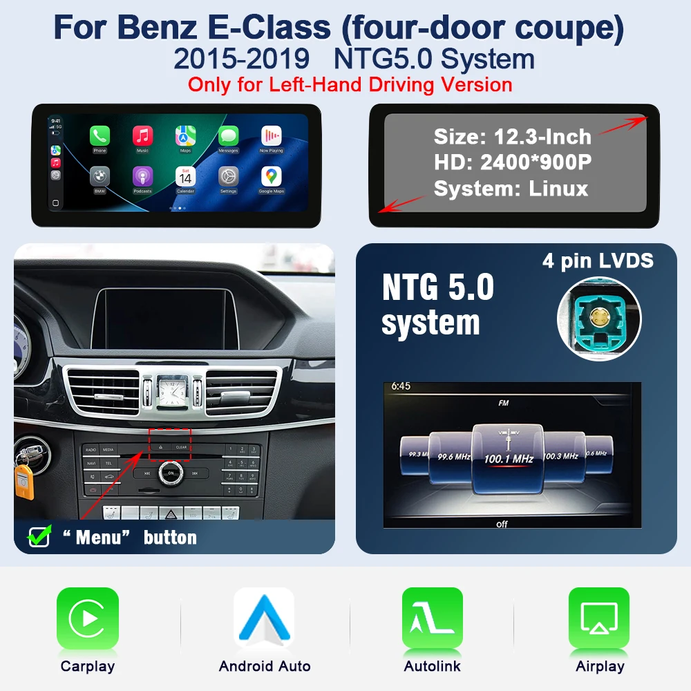 AUTOTOP HD 12.3" touchscreen CarPlay Android Auto voor Mercedes Benz E Klasse W212 E200 E230 E260 E300 S212 multimediaspeler voor auto