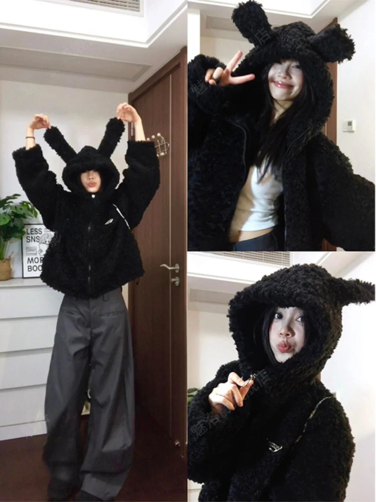 

Adorable American Retro Plush Short Coat Women's Winter Loose Thick Lazy Fake Leather Hooded Jacket Korean Style Cotton Clothes