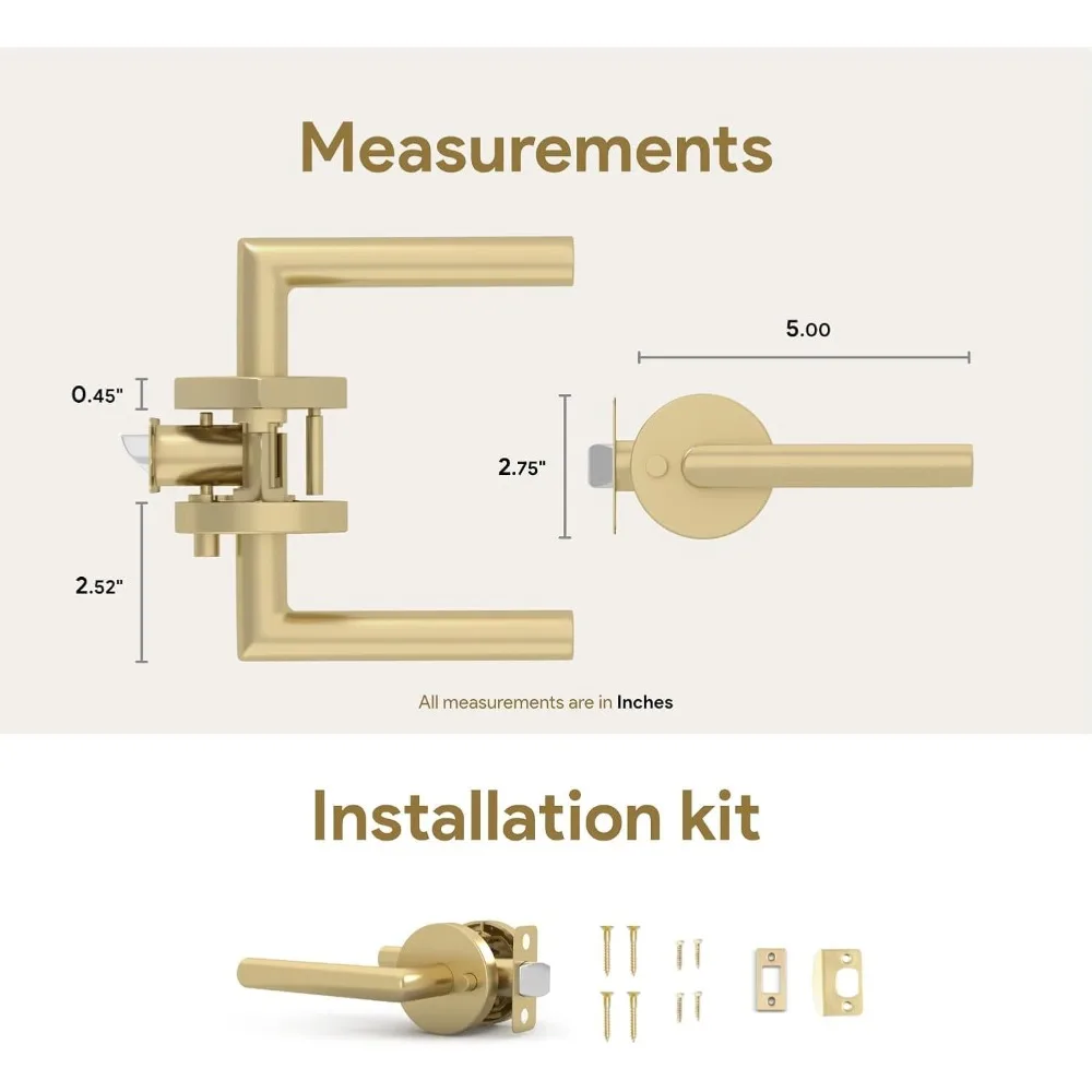 Heavy Duty Reversible Gold Interior Door Handles - 3 Pack Privacy Bed & Bath Door Hardware for Secure Access