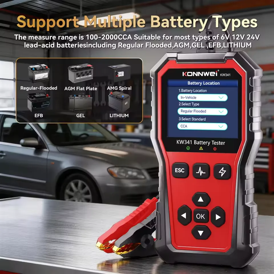 Car Battery Charging Scan Tool KONNWEI KW341 Car Battery Tester 6V12V 24V AMG GEL Battery Fault Data Printing Start Voltage Test