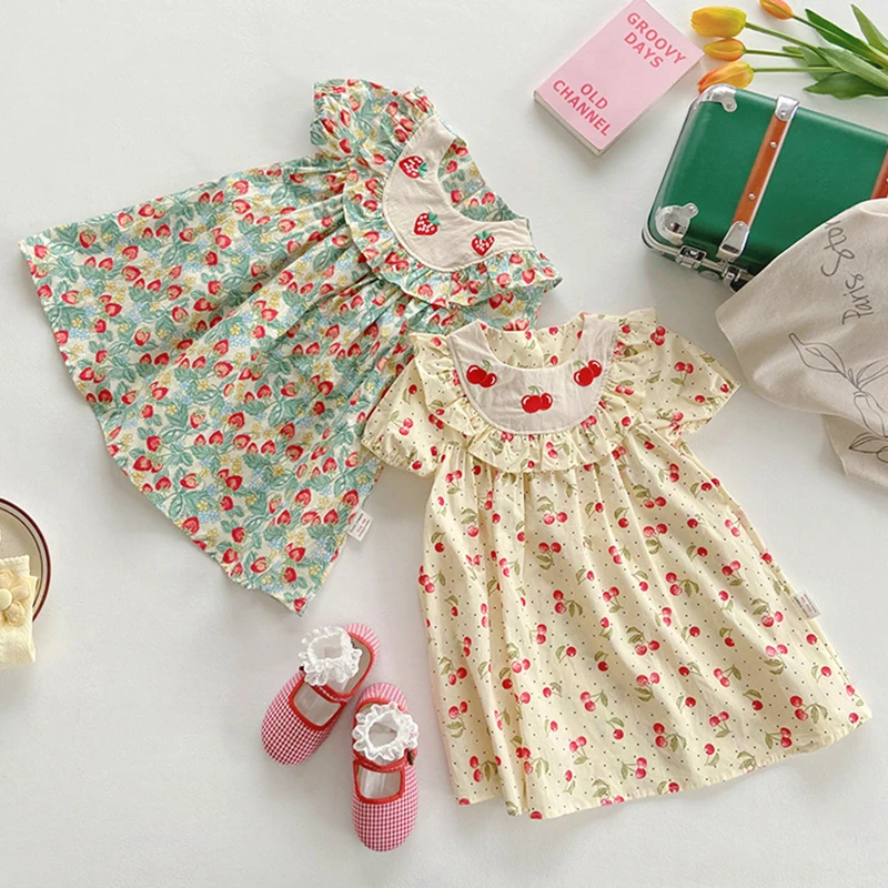 Summer Kids Baby Girls Dress Baby Girls Short Sleeve Fruit Printing Dress Sweet Kids Baby Children Clothes Dress