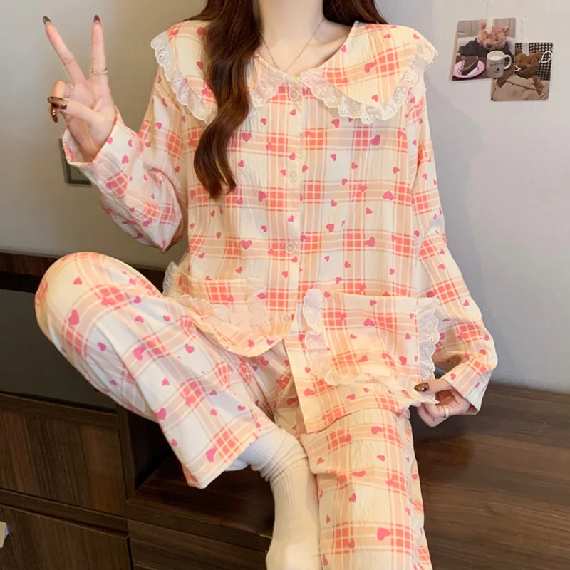 

Spring and Autumn New Ladies Cartoon Lace Doll Collar Clouds Cotton Long-Sleeved Pajamas Girls Sweet Wind Leisure Home Wear Suit