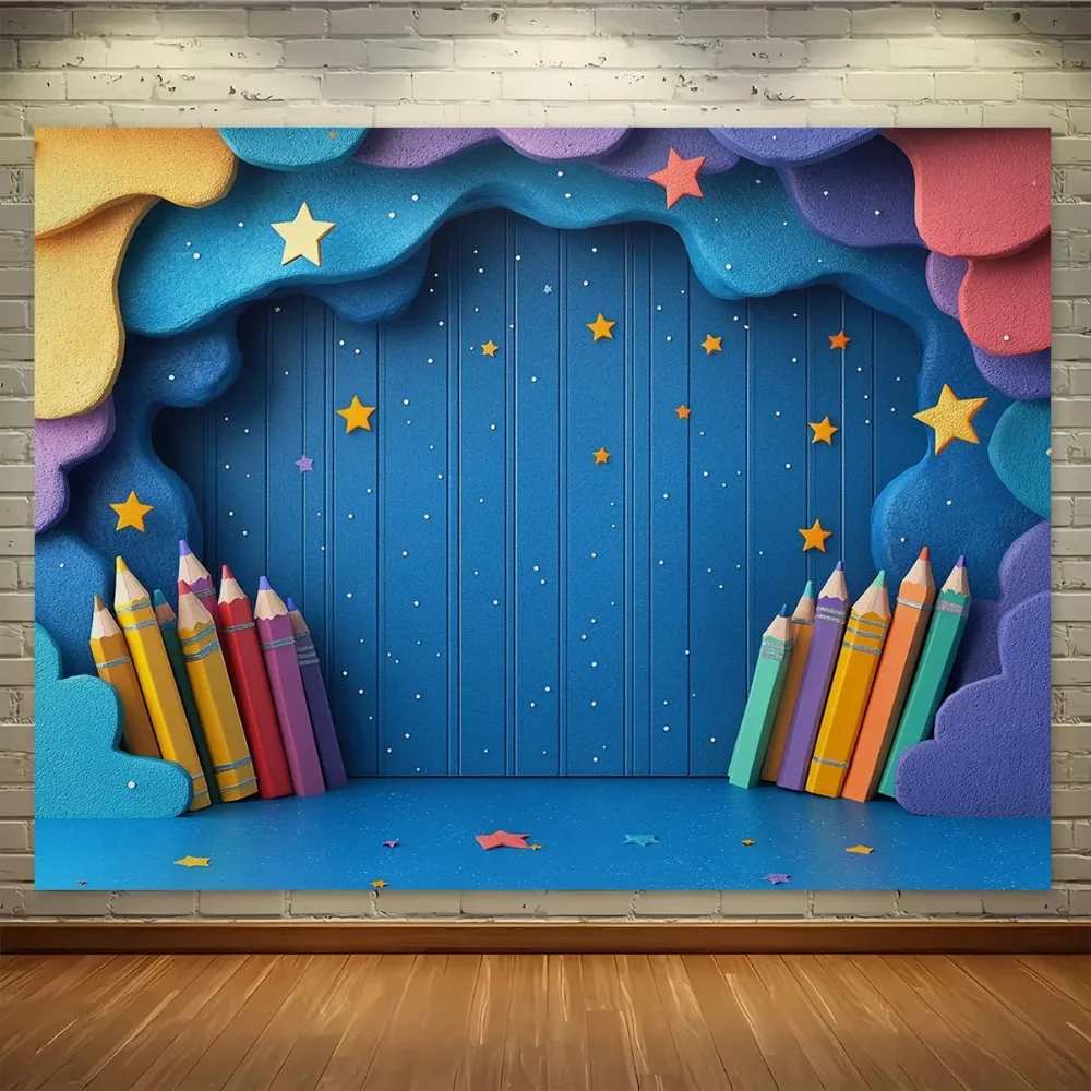Blue Starry Sky Colored Pencil Classroom Theme Banner Backdrop, Artistic and Fun Birthday Party Decoration Photography Backdrop