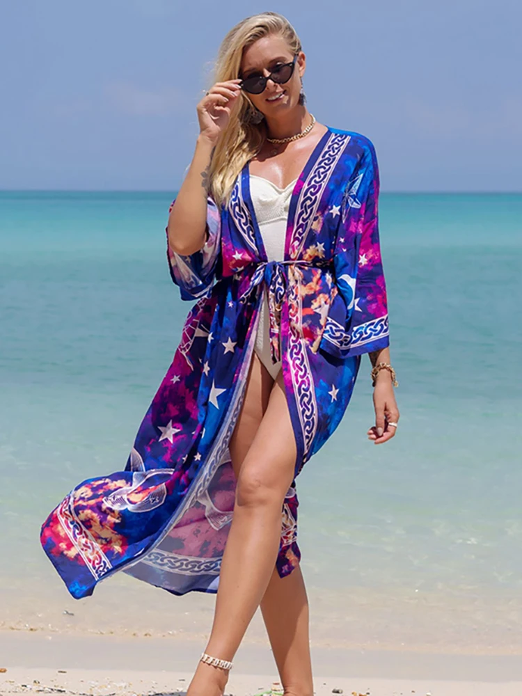 Star Print Beach Cover up 2023 Front Open Beach Kimono Tunic for Beach Over size Pareos Swimsuit Cover up Beachwear Summer Dress