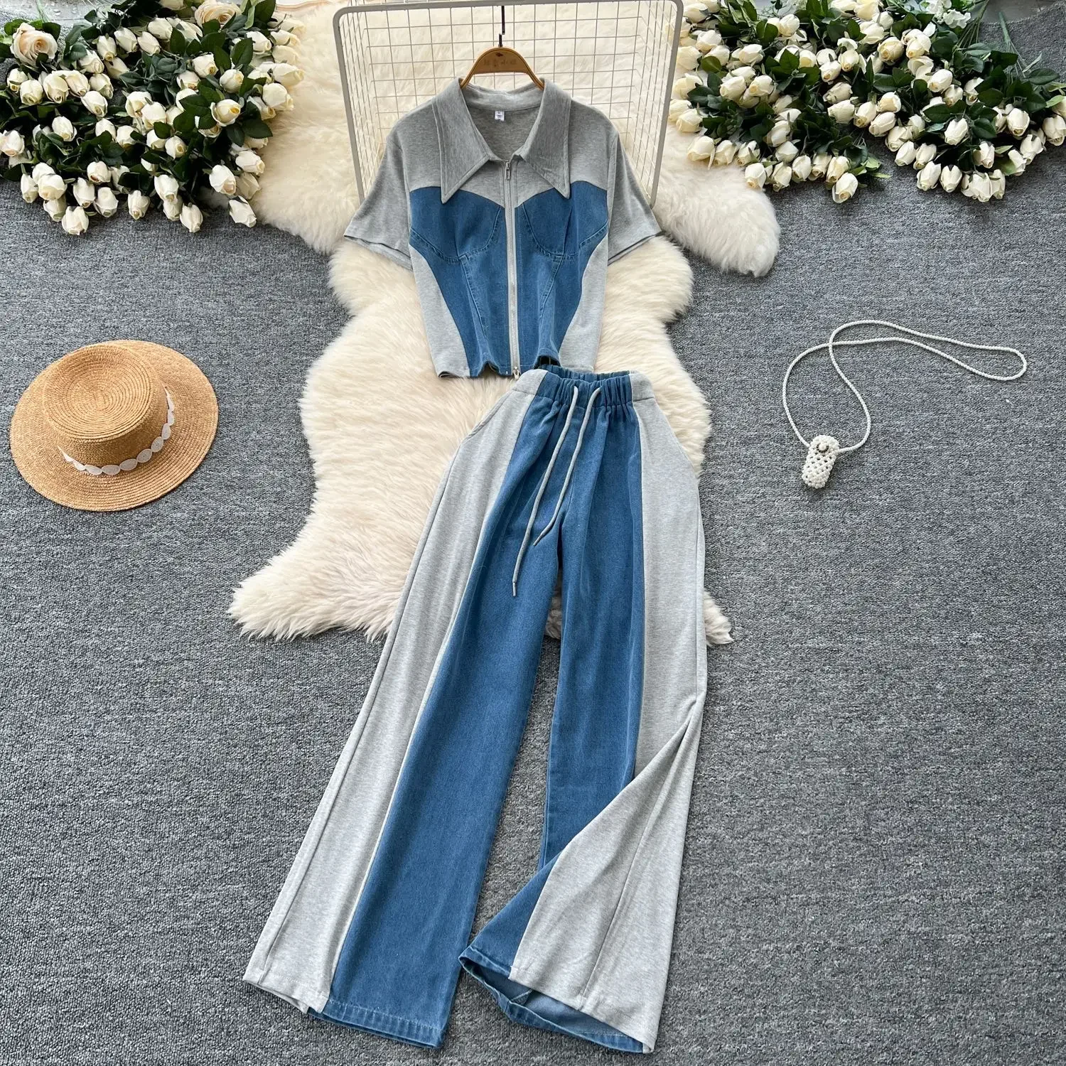 

Summer Casual Retro Denim Patchwork Two-piece, Women's Lapel Zipper Short-sleeved Top+Elastic Waist High-waisted Wide-leg Pants