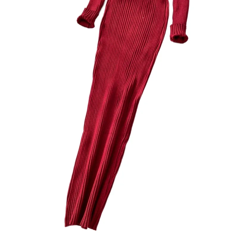 Damen Einfarbiges V-Ausschnitt Geripptes Strick-Maxikleid Elastisches Langarm-Bodycon-Kleid Damen Casual Party Modekleider – Detail 8