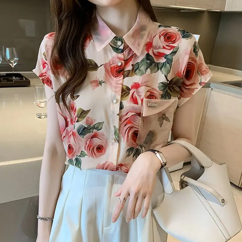 Korean Elegant Female Mesh Polo-Neck Printed Shirt Summer 2023 Temperament Fashion Short Sleeve Floral Blouse Women\'s Clothing