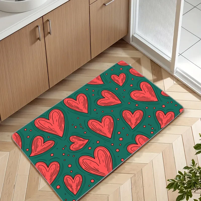 1pc Luxury Compatible for Living Room Bedroom Entryway - Deep Green with Red Heart, Soft Thick Pile Machine