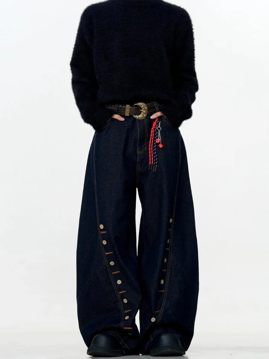 

American Retro Decomposition Design Button Knife Jeans Loose Wide Leg Long Pants Men's Women's Cleanfit Casual Denim Jeans