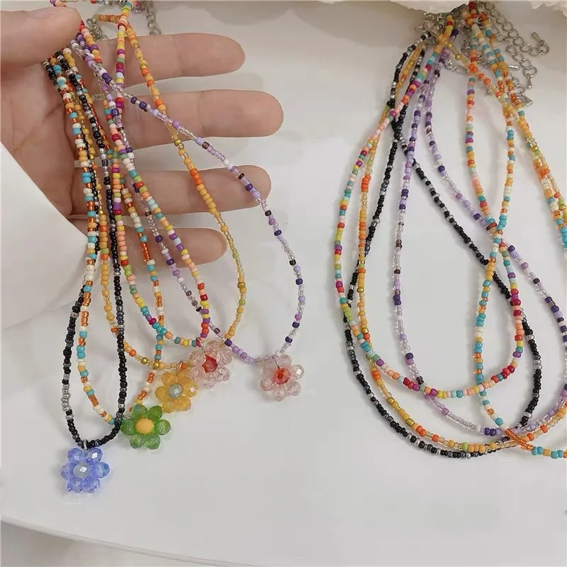 Colorful Glass Bead Flower Pendant Necklace Retro Trend Clavicle Chain Girl Sweet Fashion Dopamine Girl Cute Summer Jewelry Gift