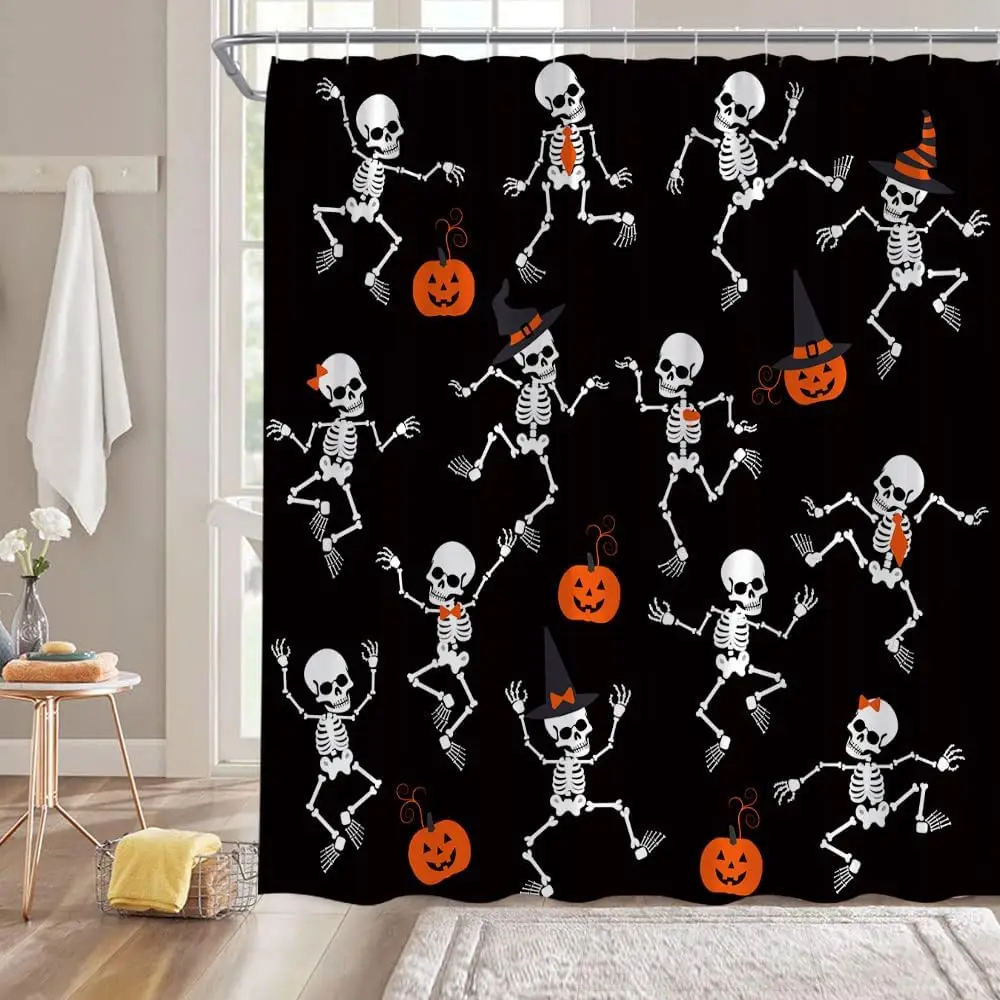Halloween Skull Shower Curtain Black Spooky Skull Skeleton Horror Pumpkin Funny Gothic Day of The Dead Happy Halloween Fabric