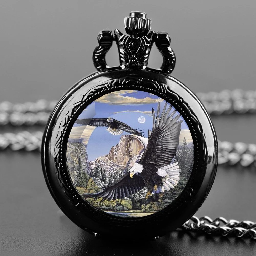 Black Vintage Flying Eagle Retro Pocket Watch with Chain Steampunk Pendant Clock Accessory Kids Women Men Souvenir Gift