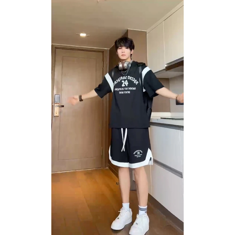 American Sle Splice Casual Set Men Summer Thin Color Blo ort Sve orts Two Piece Set Trendy Sports Baskeall Wear
