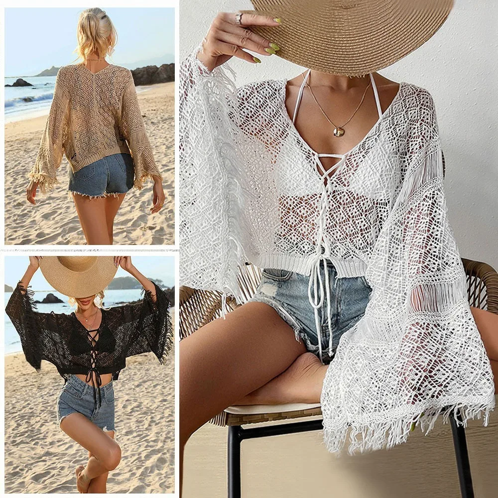 Women Hollow Out Crochet Beach Cover Up Long Bell Sleeve Lace Up Bikini Cover Up Tassel Sun Protection Blouse