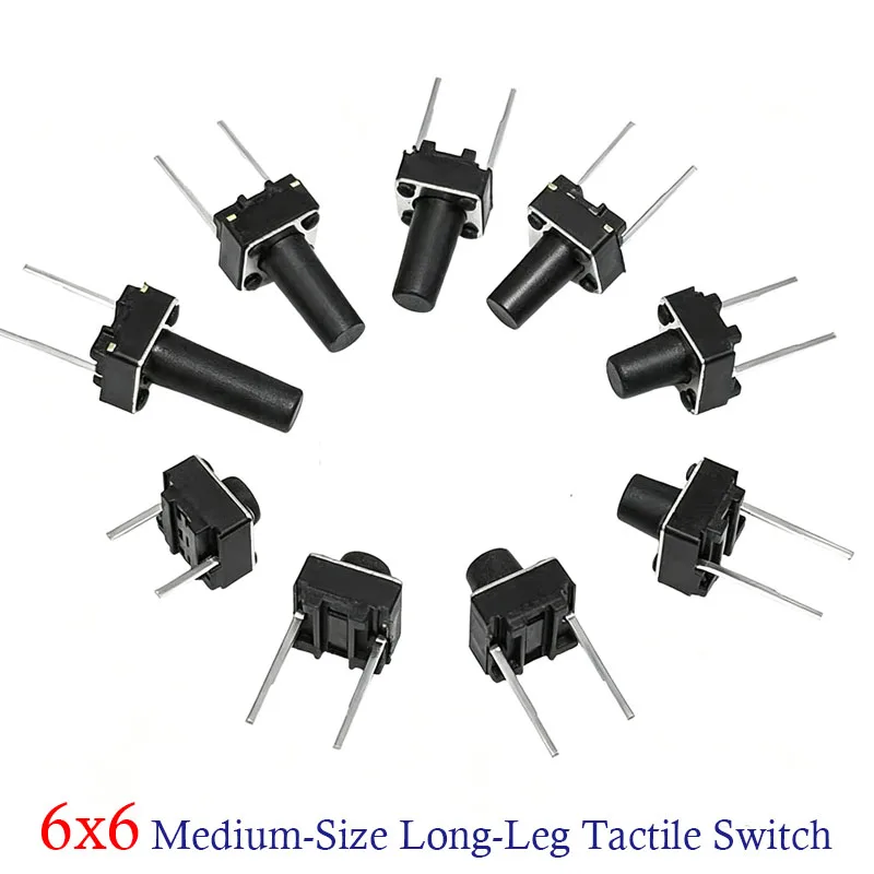 50/100PCS 6x6mm Micro Tactile Switches, Momentary Action, Height 4.3–13 mm, 2-Pin DIP Micro Tactile Pushbutton Switch, 6x6x4.3
