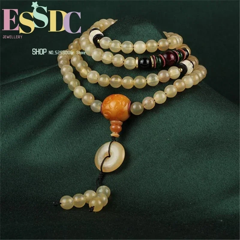 New Arrival 108 Mala Natural Tibetan Style Sheep Strand Bracelets Polishing Horn Beads with Blood Silk Bone Craft Jewelry